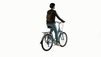 Neat and orderly woman who rides a bicycle from a three cornered angle on a video