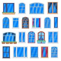 Window frames. Wooden house windows, retro room window frames, house wall plastic windows. Architecture exterior elements vector illustrations