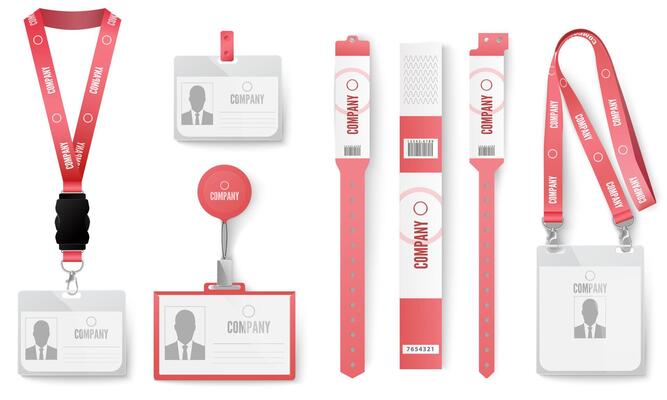 ID cards badges. Red identification badges on lanyard, necklace tag, label cards and event identity labels realistic vector set. Employee pass, pink realistic iD mockup, colorful paper wristbands