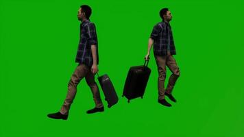 Young tourist walking with luggage from three sides video