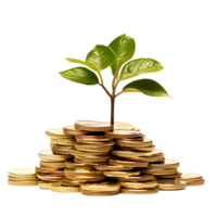 AI generated Plant in gold coins depicting business growth png isolated on transparent background