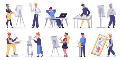 Artists creative characters. Artistic professions, painter, sculptor and craftsman. Male and female creators artists vector illustration set