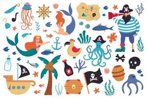 Pirates and mermaids. Sea underwater creatures and marine symbols, sail ship, jolly roger, treasure map and cute mermaids vector illustration set
