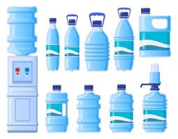 Plastic water bottles. Cooler water bottle packaging, plastic bottled liquid beverage. Bottle containers isolated vector illustration icons set