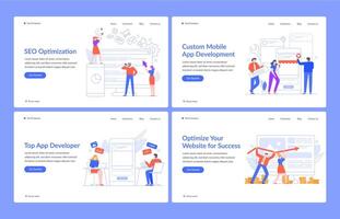 Innovative web concepts. Website solutions, SEO and mobile apps with modern people vector illustration landing page template. Program development and optimization. UI, UX homepage layout