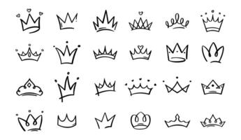 Hand drawn doodle crowns. King crown sketches, majestic tiara, king and queen royal diadems vector. Line art prince and princess luxurious head accessories illustrations collection vector