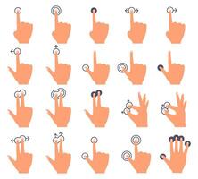 Hand touch screen. Touch swiping interface, hands tap and swipe gestures, smartphone screen finger tap vector illustration icons set