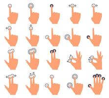 Hand touch screen. Touch swiping interface, hands tap and swipe gestures, smartphone screen finger tap vector illustration icons set