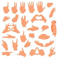 Gesturing hands. Communication hand gesture, pointing, counting fingers, ok sign, palm gesture language vector illustration set