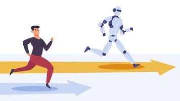 Human and robot competition. Artificial intelligence versus human worker, robot win competition, person vs AI business vector illustration