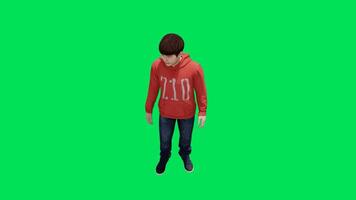 A teenage boy in red clothing confirming a letter standing from the angle facing video