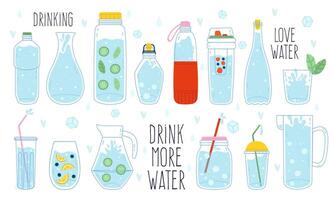 Cute water doodle. Bottle, glass, thermos and decanter of water, water drop, ice cubes and splash, hand drawn trendy vector illustration icon set