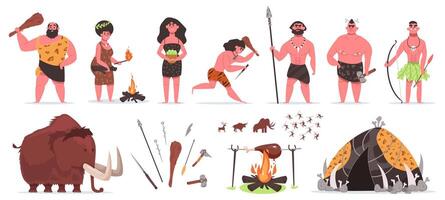 Primitive people. Stone age prehistoric caveman characters with stone or wooden weapon. Caveman hunting and collecting vector illustration set