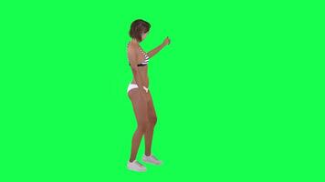 Young woman in shoes and white bikini pretending to look for something from left video