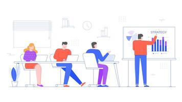 Office team on presentation. Interactive project presentations, strategy presenting to partners, colleagues or work group. People in conference room flat vector illustration. Planning and discussion