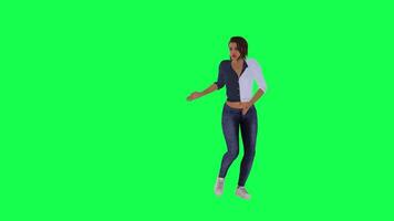 Female dancer in white blue dress, black pants and white shoes dancing salsa fro video
