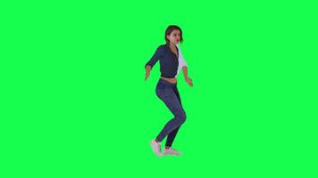 Female dancer in white blue dress, black pants and white shoes dancing from fron video