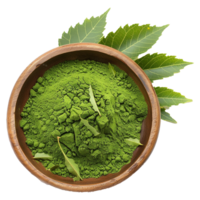 AI generated Neem leaves powder in wooden bowl isolated on transparent background png