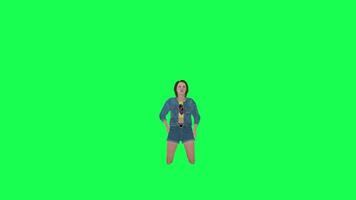 3D cartoon woman in jeans playing cards left angle green screen video