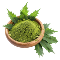 AI generated Neem leaves powder in wooden bowl isolated on transparent background png