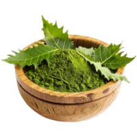 AI generated Neem leaves powder in wooden bowl isolated on transparent background png