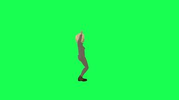 3d animated girl in orange dress sitting clapping, right angle, isolated green video