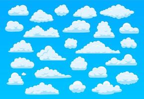 Cartoon sky clouds. Fluffy white clouds in blue sky, bright cloudscape weather atmospheric panorama. Cute clouds of different shape vector cartoon illustration set. Cloudy heaven, overcast sky