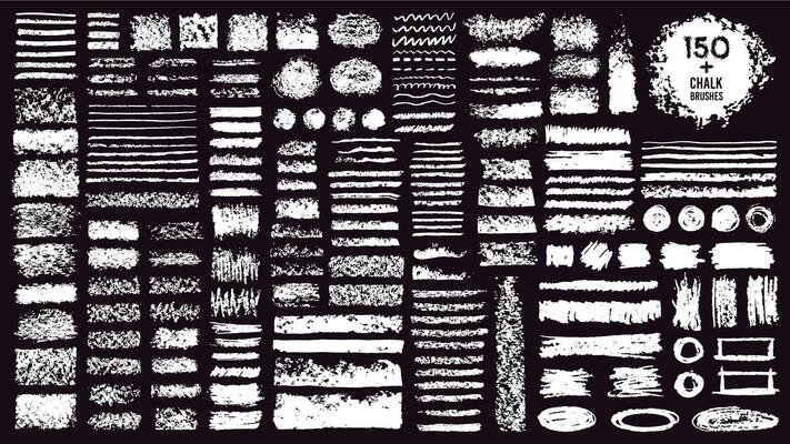 Chalk brushes. Sketch grunge charcoal, texture rough scratching pencil chalk line, freehand doodle scribble stroke art brushes vector icons set