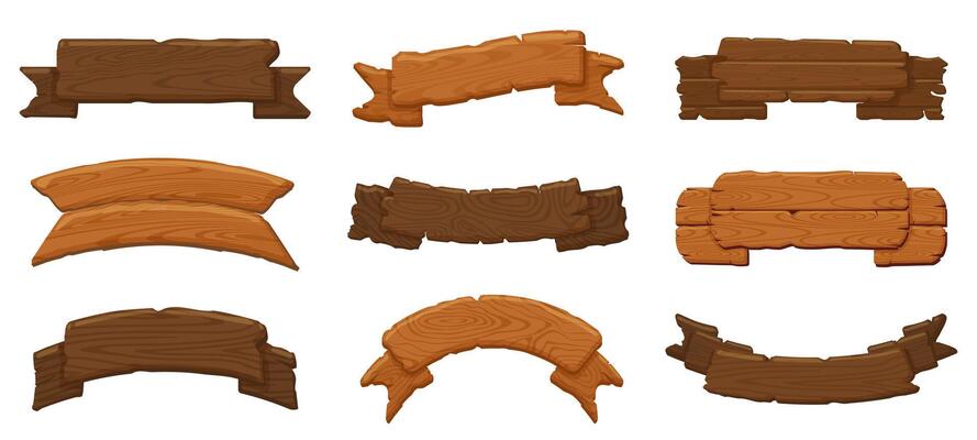 Wooden ribbon boards. Wood antique sign boards, hanging wood billboard and empty rustic banners vector illustration icons set