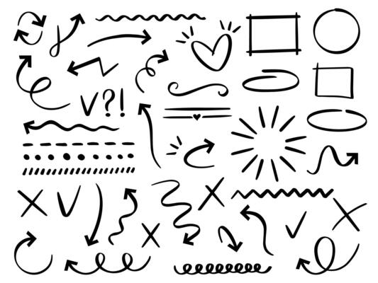 Sketch arrows and frames. Hand drawn arrow, doodle divider and circle, oval and square frame vector set. Collection of different abstract symbols. Dotted and curvy lines. Scribble elements