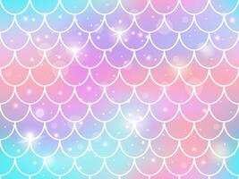 Mermaid scales pattern. Rainbow princess mermaid backdrop, magic sparkles underwater fishtail scales, kawaii mermaid vector background pattern