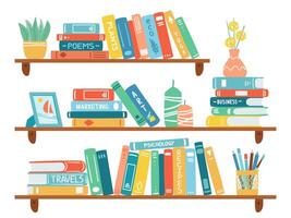 Interior bookshelves. Books at bookshelf, textbooks pile, school education or bookstore shelf, library bookcase isolated vector illustration set