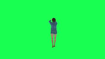 3d cartoon girl in jeans falling from height right angle green screen video