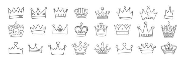 Collection of crown in doodle style. Hand drawn vector art.