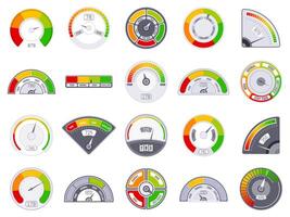 velocímetro Puntuación nivel. bueno y bajo clasificación indicación, bienes grado velocímetro nivel, satisfacción Puntuación tacómetro indicadores vector íconos conjunto