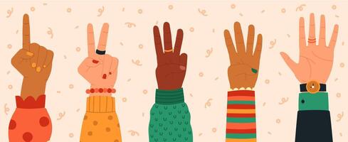 Counting hands. Hand gestures, modern hand drawn finger count from one to five, numbers shown by hands, trendy vector illustration icons set