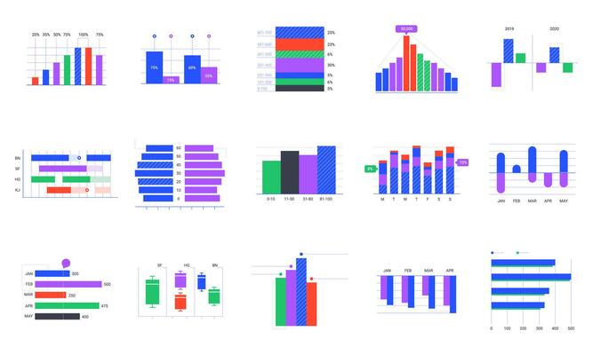 Bar charts. Trends statistic graphic, timeline chart and business infographics elements vector set. Company profit graph. Financial and marketing presentation infocharts isolated on white background