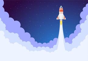 Space rocket launch. Flying spacecraft ship, aerospace shuttle start, aerospace rocket launching. Development concept vector illustration