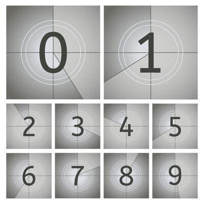 Movie count timer. Vintage cinema countdown frames, old movie timer frames from 0 to 9 numbers. Movie intro counting vector illustration set