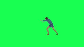 3d animated girl in jeans landing from the sky back angle green screen video