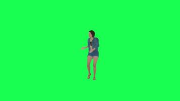 joven 3d niña en pantalones bailando contento izquierda ángulo verde pantalla video