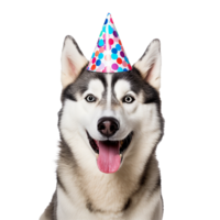 AI generated Happy husky wearing birthday hat png isolated on transparent background