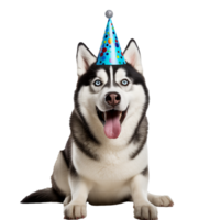 AI generated Happy husky wearing birthday hat png isolated on transparent background