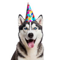 AI generated Happy husky wearing birthday hat png isolated on transparent background