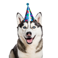 AI generated Happy husky wearing birthday hat png isolated on transparent background