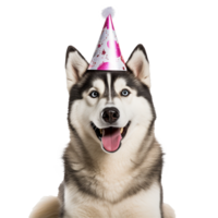 AI generated Happy husky wearing birthday hat png isolated on transparent background