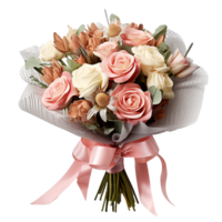 ai gegenereerd geschenk verpakt boeket van bloemen voor valentijnsdag en bruiloft PNG geïsoleerd Aan transparant achtergrond