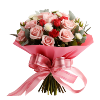 ai generiert Geschenk eingewickelt Strauß von Blumen zum Valentinsgrüße und Hochzeit png isoliert auf transparent Hintergrund