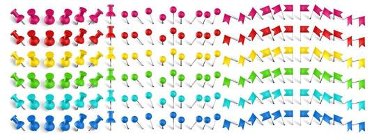 Colorful pushpin, pin flag and thumbtack. Color location mark pin, red flags and realistic pins vector set. Bright stationery items. Paperwork needles. Collection of multicolored school accessories