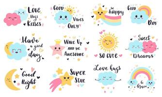 Cute baby labels. Kids sun, cloud and rainbow decorative stickers, cute babies smiling weather characters vector illustration symbols set